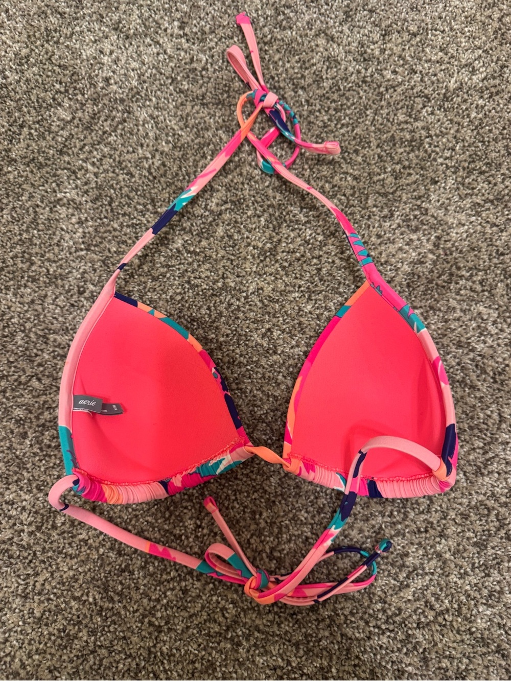 Aerie Medium Tropical Floral Triangle Bikini Top Pink Orange Teal String Tie - Picture 2 of 3